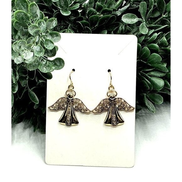 Vintage Gold Tone Angel Dangle Earrings Filigree Detailed - Picture 4 of 5